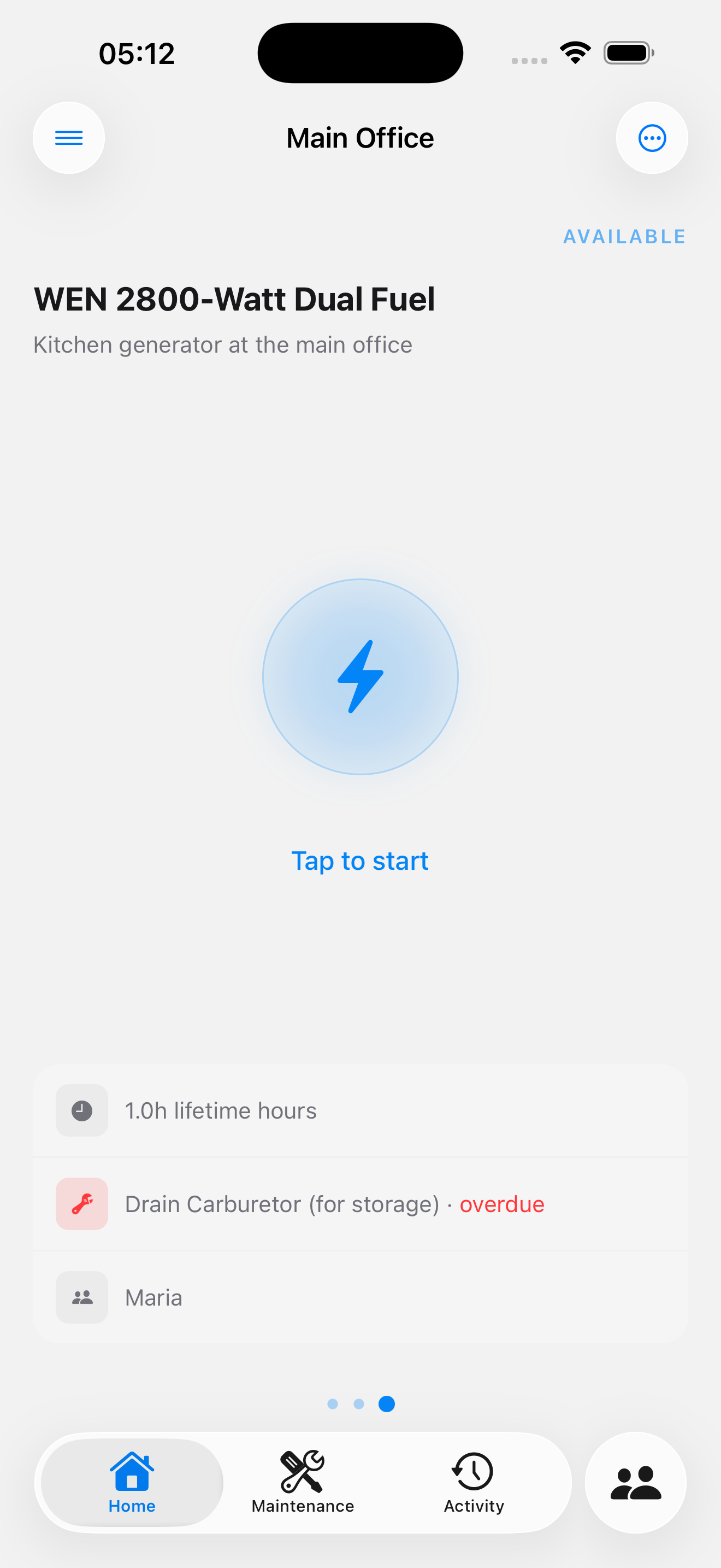 Svitlo app home screen showing generator details