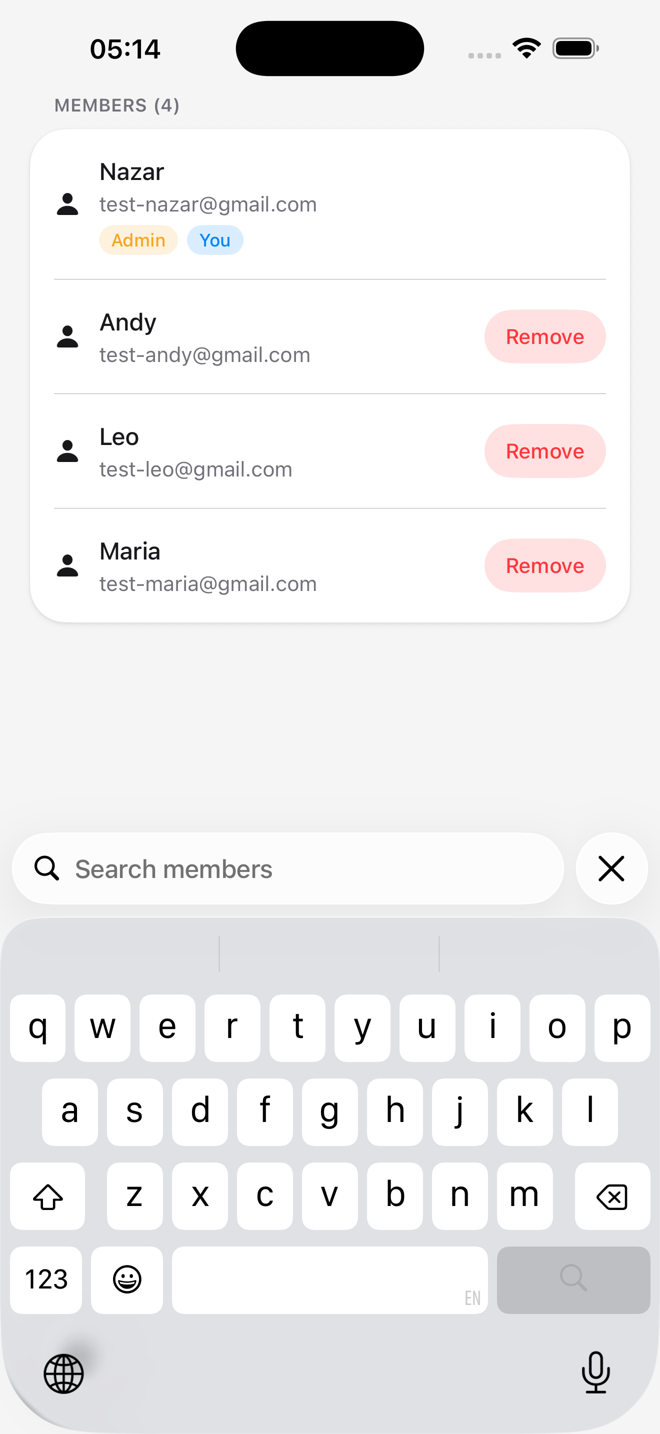 Svitlo app showing team member management